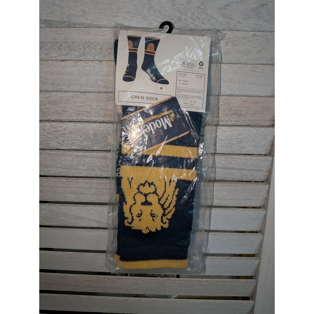 Modelo Especial Beer Navy Blue Gold Lion Logo Men Crew Socks Size 6.5-12.5 New